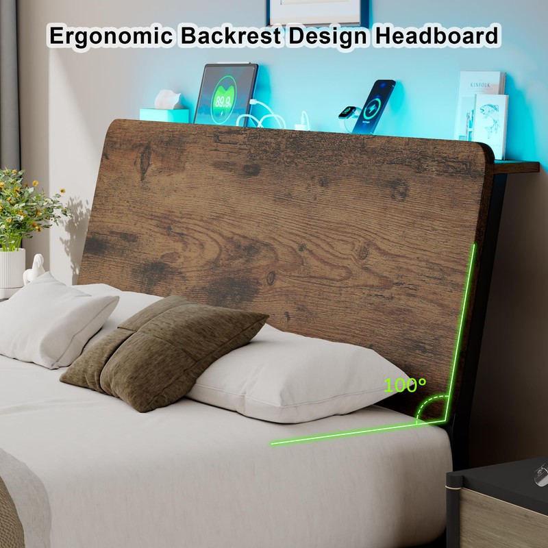 Feonase Full Size Bed Frame with Ergonomic Storage Headboard &