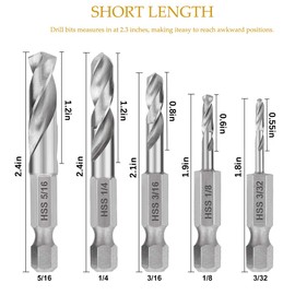 5 pieces 1/4 inch quick-change hexagonal shank metal drill bit set HSS M2.3/32, 1/8, 3/16, 1/4, 5/16 inch, drill with hex shank, angle drill, HSS drill set