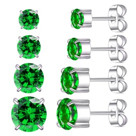 ZQGOFPT 4 Pairs 316L Stainless Steel Stud Earrings Hypoallergenic Rainbow 5A Cubic Zirconia Cartilage Earrings 18K White Gold Plated Studs Set for Women Girls (Green-CZ 3-6mm (Silvery))