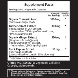 ML Naturals Turmeric Curcumin 180 Vegetable Capsules Organic Turmeric 1,800 mg. Turmeric Root 7,500 mg Equivalent - 300 mg of 25:1 Extract. NSF-Certified & cGMP-Compliant Facility