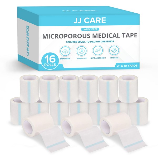 JJ CARE Micropore Tape [Pack of 16], 2” x 10 Yards, Breathable Paper Tape Medical Use, Latex-Free Paper Surgical Tape, Individually Boxed Paper Bandage Tape Rolls