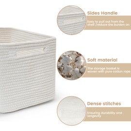 Shelf Woven Storage Basket, 15 x 10 x 9” Closet Rope Baskets For Organizing, Square Bins with Handles, White 1 Pack
