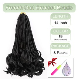 French Curl Crochet Braids 14 Inch Box Braids Crochet Hair Pre Looped French Curl Braiding Hair Crochet Hair for Black Women French Curls Braids Goddess Braids Crochet Box Braids Hair Extensions(1B)