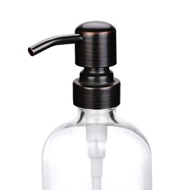 2 Pack Thick Clear Glass Boston Round Bottles /Oil Rubbed Bronze Stainless Steel Pumps, 16 Ounce Jar Soap Dispenser with Rustproof Pump for Essential Oil, Liquid Soap