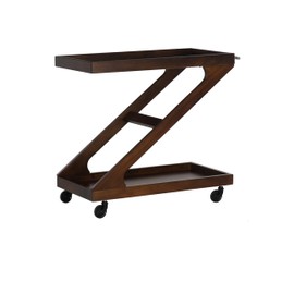 Powell Mannon Dark Brown Wooden Z-Shaped Bar Cart with Tempered Glass Top on Rolling Castors