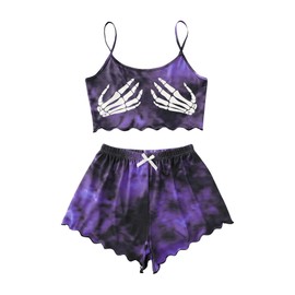 WDIRARA Women's Plus Size Two Piece Goth Print Pajama Set Lettuce Trim Cami Shorts Sleepwear Purple 3XL