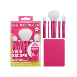 Real Techniques Vivid Escape - Juego de 6 brochas de maquillaje de viaje para sombra de ojos, corrector, contorno y rubor, incluye estuche de espejo para cosméticos, sin crueldad y vegano