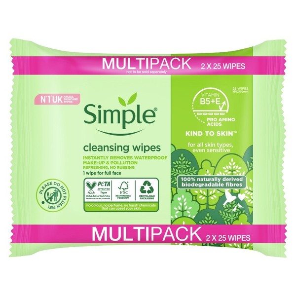 Simple Kind To Skin Biodegradable Cleansing Facial Wipes X 50 (2 X 25 Pack)