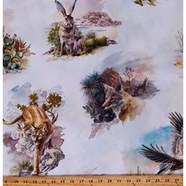 Cotton Cactus Cacti Desert Succulents Animals Predators Prey Fox Rabbits Eagles Landscape Plants Vegetation Southwestern Skies Multicolor Cotton Fabric Print by The Yard (D588.60)