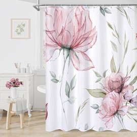 Litabel Pink and Grey Boho Watercolor Floral Shower Curtain, Ink Painting Style Blossom & Leaf Shower Curtains for Chic Elegant Bathroom, Artistic Fabric Cloth Flower Shower Curtain, 72x72