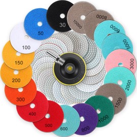 Blosssound 20 Pcs 4 Inch Diamond Polishing Pads with 5/8''-11 Backer Pad and Drill Bit Adapter Wet Dry Polish Pad Kit Granite Polishing Kit 30-10000 Grit Pads for Granite Marble Stone