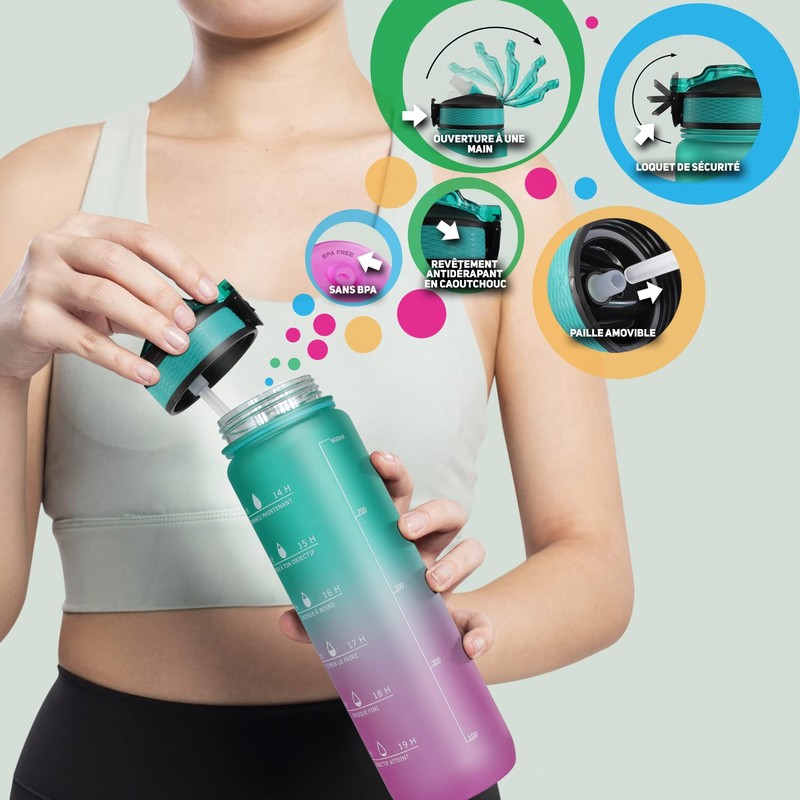 Nasafes French Motivation Water Bottle with French Time Marker, Water