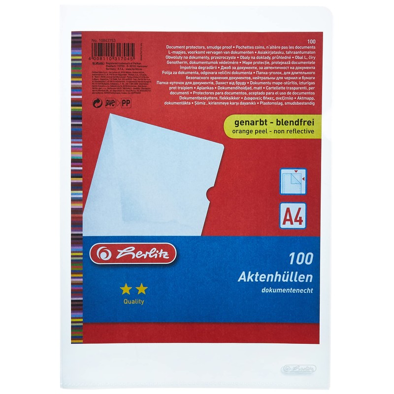 Herlitz 10843753 Aktenhülle A4 PP genarbt Eco., 100er Packung, dokumentenecht