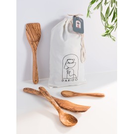 Darido Olive Wood Cooking Utensils Set of 3 with Extra Small Spoon - 30 cm - Handmade - Heat Resistant and Scratch Resistant - Wooden Spoon, Curved Long Spatula, Solid Spatula and a Small Spoon