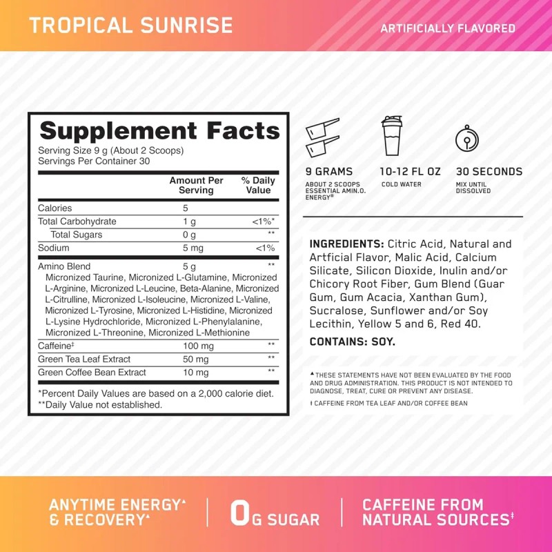Optimun Amino Energy Aminoácidos Esenciales L Sabor Tropical Sunrise