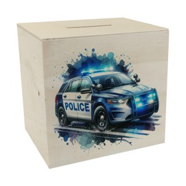 Police Car in Use Wooden Money Box Police Car with Blue Light Unique Emergency Vehicle Money Box Made of Wood as a Patrol Car Collectible Police Vehicle