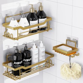 BATHDESIGN Shower Caddy Shelves Organizer Rack, 3 Pack Shower Caddy with Soap Holder,No Drilling Wall Mounted Self Adhesive Shower Shelves for Inside Shower,Matte Gold
