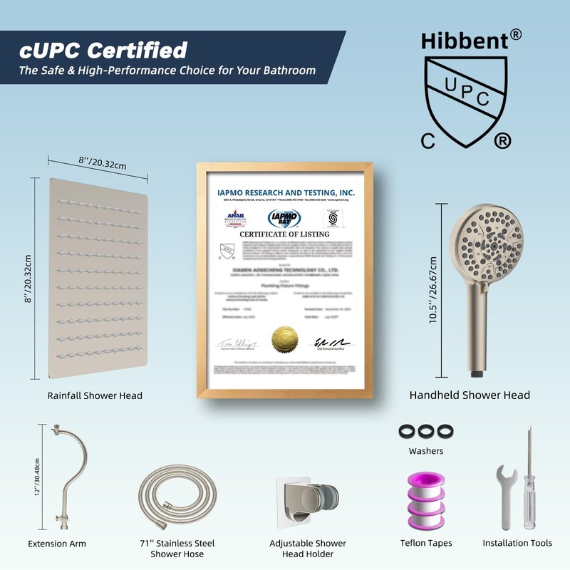 Hibbent All Metal CUPC Certified Shower Head, 8'' High Pressure