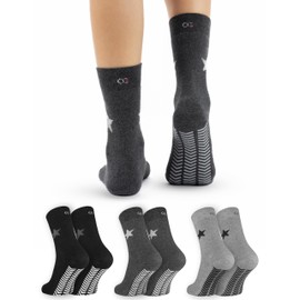 OCERA 3 or 6 Pairs of Thermal Stopper Socks with ABS - Non-Slip Socks with Inner Terry Cloth for Men and Women, House Socks, Yoga Socks, Oeko-Tex Certified Cotton, 3 pairs of grey stars mix