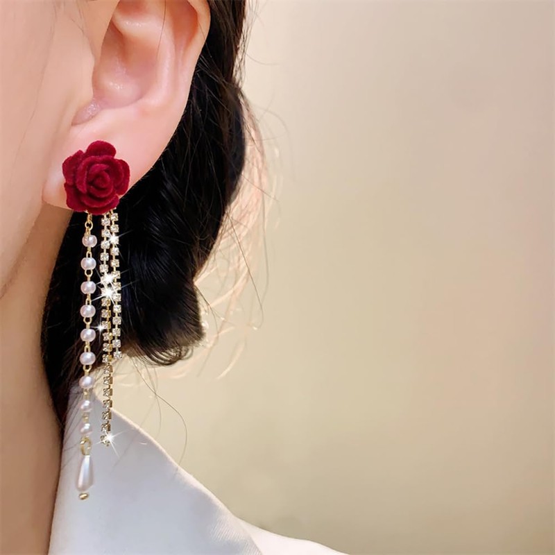 Long Chain Flower Drop Dangle Earrings for Women Sparkly Crystal