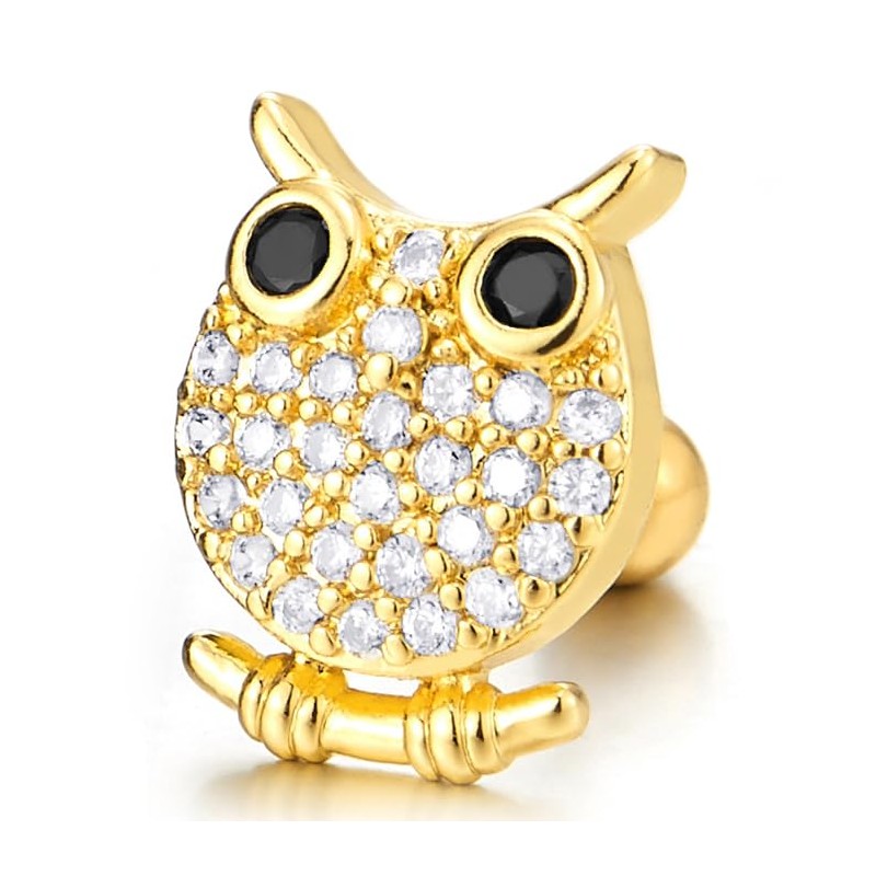 Gold Color Whimsical Owl Stud Earrings with Cubic Zirconia Pave,