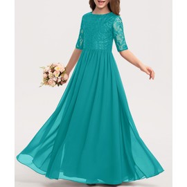 HOSIKA Girls Elegant Vintage Lace Chiffon A-line Wedding Party Princess Maxi Junior Bridesmaid Dress Teal 12-13 Years