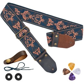 Adjustable Guitar Strap,Comfortable and durable Jacquard Embroidery Cotton Guitar Straps with Crazy Horse Leather Ends and Strap Button,2 Strap Locks and 4 Guitar Picks for Bass, Electric & Acoustic