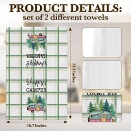 DETIHO 2 Pieces Camping Kitchen Towels, Funny Camping Lover Gifts, Cute Camping Accessories for Rv Campers, Camping Decor, Happy Camper Dish Kitchen Towel (A17)