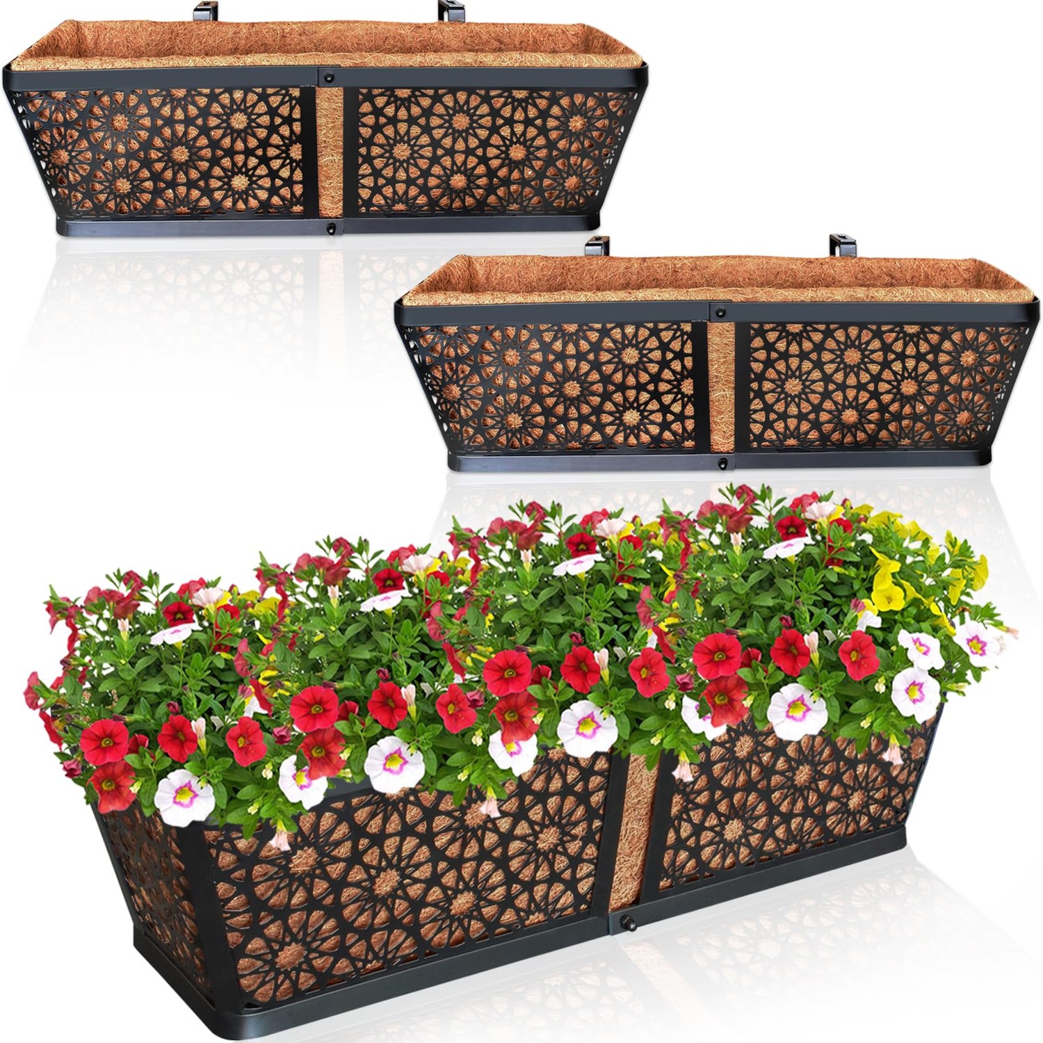 ZeeDix 3Packs Window Box Railing Planter with Coco Liner, 24