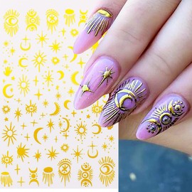 6 Sheets Gold Nail Art Adhesive Sticker 3D Self-Adhesive Nail Decals Art Design Holographic Moon Sun Stars Nail Art Sticker Decoration for Women Manicure Tips Acrylic Nails DIY Nails Art Supplies