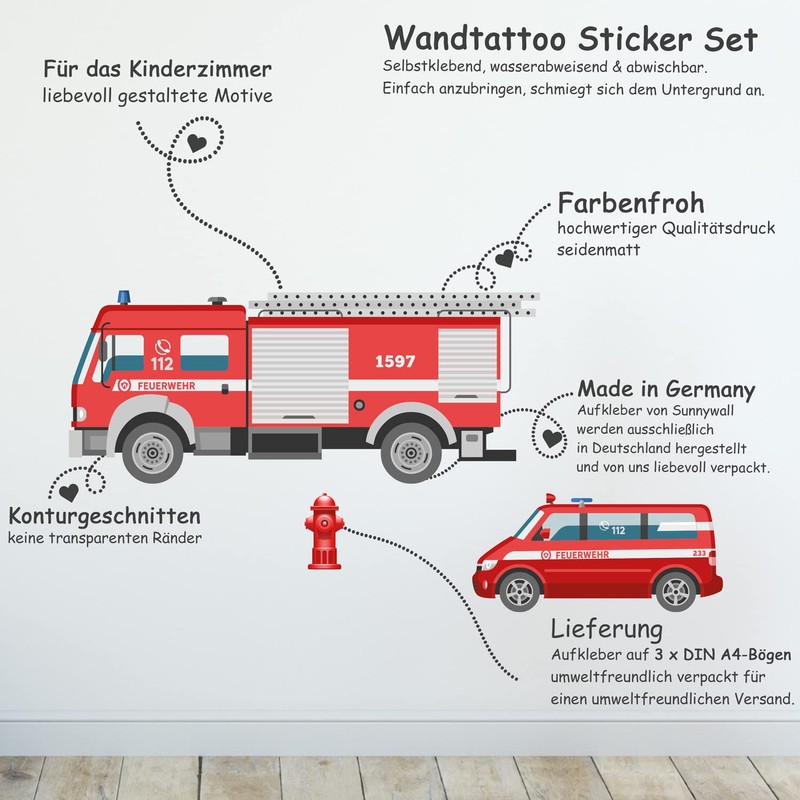 Sunnywall Premium Wall Sticker Fire Brigade Action Car Wall Sticker