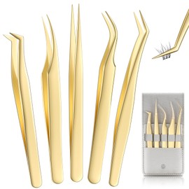 MORGLES Golden Lash Tweezers Set, 5 PCS Eyelash Tweezers Professional Tweezers for Eyelash Extensions for Beginners & Lash Artists