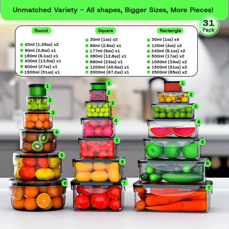 62 Pcs Large Food Storage Containers with Lids Airtight,Total 656OZ(31