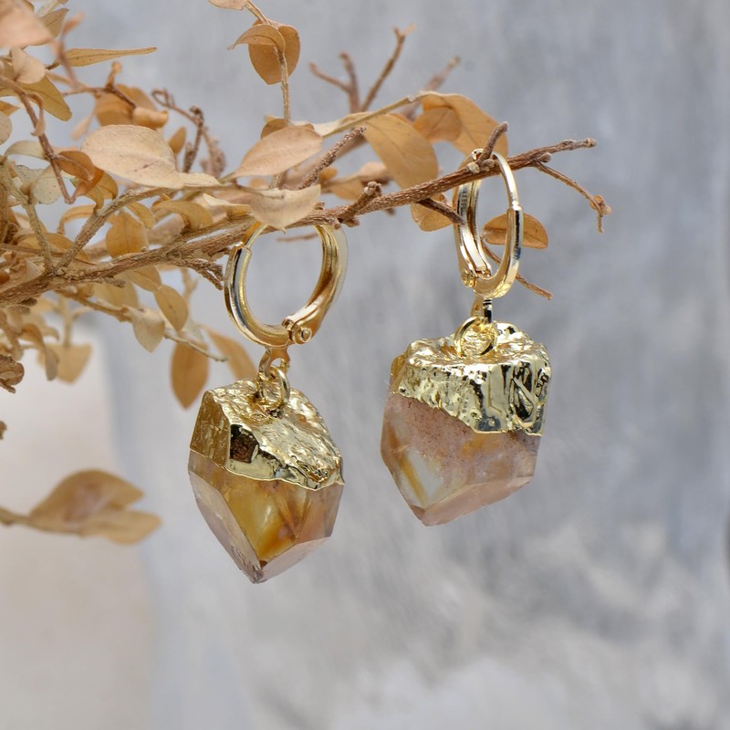 Yellow Citrine Rough Stone Crystal Point Dangle Earrings for Women,