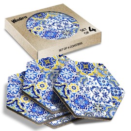 4 x Hexagon Coasters - Blue & Yellow Mosaic Pattern Cork Backed MDF Glossy Tea Coffee Accessory #50306