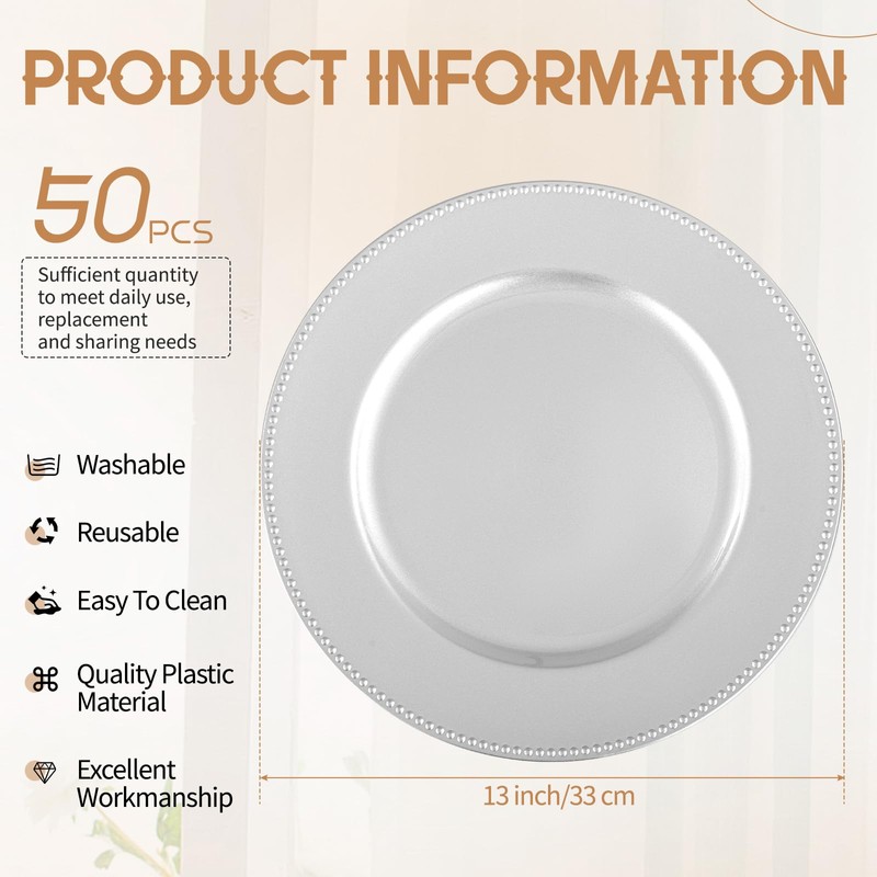 50 Pcs Silver Charger Plates Bulk,13 inch Round Beaded Plate