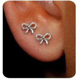Gold Earrings for Women 14K Gold Stud Earring Dainty Minimalist Simple Small Bow Earrings for Girl Jewelry Gift (Silver)