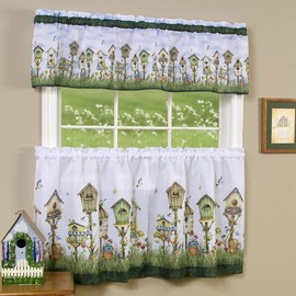 PowerSellerUSA 3-Piece Window Kitchen Curtain Set, Printed Designs, Tier Pair Panels and Valance, Assorted Designs - 58" (W) x 24" (L), Birdhouses