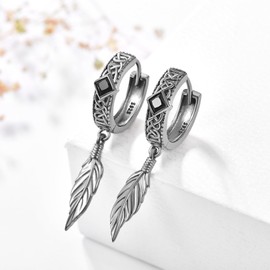 Black Feather Celtic Hoop Earrings S925 Sterling Silver Black Celtic Huggie Feather Hoop Earrings for Men Women