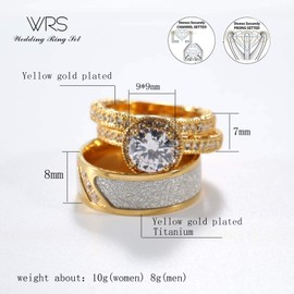 Two Rings His Hers Wedding Ring Sets Couples Rings Women's 10k Yellow Gold Plated White CZ Wedding Engagement Ring Bridal Sets & Men's Titanium Wedding Band