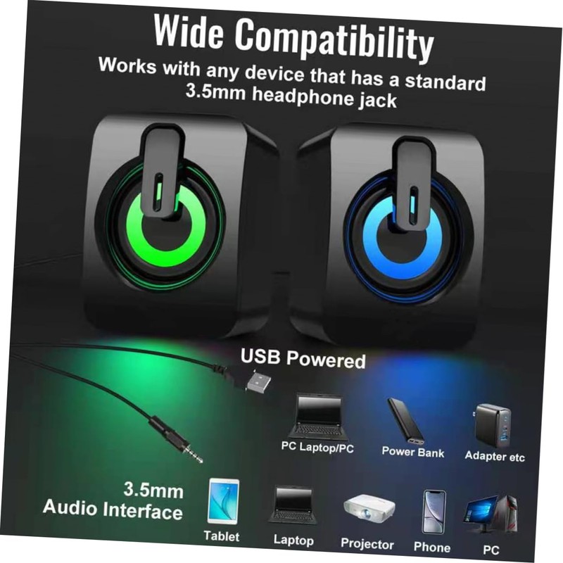 KOMBIUDA 1pair USB-Powered Computer Speakers RGB Lighting Omnidirectional Sound Portable