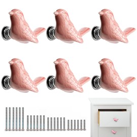 6 Pack Drawer Knobs Ceramic Cabinet Handles Bird Shape Cupboard Dresser Wardrobe Closet Door Cabinet Knobs Pull Handles Kitchen Furniture Knobs with Long Short Screws, Pink