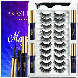 AkesuLash Magnetic Eyelashes with Eyeliner Kit - 10 Pairs 3D Magnetic Lashes Kit with Applicator,Updated 4 Tubes of Magnetic Liner,Updated Strongest Natural Look,Reusable, Easy to Apply, Cruelty-Free