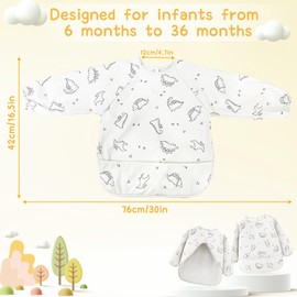 GIKPAX Weaning Bib, Soft and Skin-Friendly Baby Bibs 6-12 Months Waterproof Baby Weaning Bib PU Baby Bibs with Sleeves Washable Coverall Bibs for Baby and Toddlers Feeding (White)