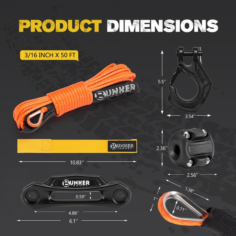 BUNKER INDUST 3/16" x 50' Synthetic Winch Rope Kit,8200 LBS