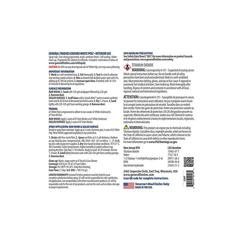 General Finishes Water Based White Poly, 1 Gallon, Flat