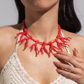 Systechy Acrylic Coral Beaded Necklace for Women Tropical Beach Party Jewelry Adjustable Bohemian Choker Summer Beach Necklace Summer Holiday Accessories Ocean Theme Gift for Her (Red)