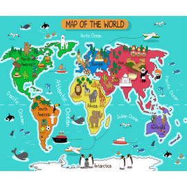 CORFOTO 10x8ft Cartoon World Map Backdrop Fabric Cartoon Continents Animals Map Background Children Educational Map Photography Backdrops for Kids Portrait Photoshoot Props Birthday Party Banner
