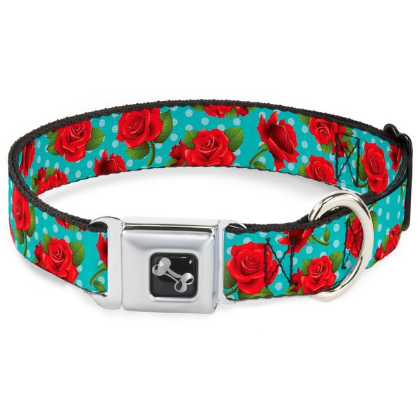 Dog Collar Seatbelt Buckle Red Roses Polka Dots Turquoise 9