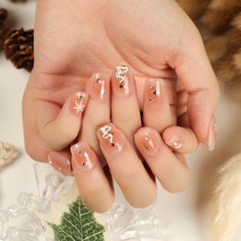 Christmas Press on Nails Coffin Short with Xmas Tree Snow Star Designs 24Pcs Glossy Full Cover Artificial Winter Square Fake Nails Set Acrylic False Nails with Glue Stick on Nails with Charm for Women